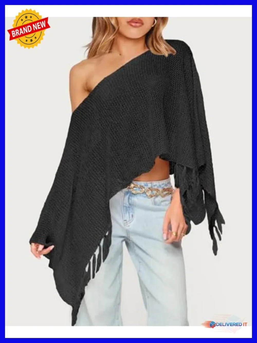 Sheer Knit Poncho, Off Shoulder Boat Neck Fringe Sweater Wrap, Lightweight